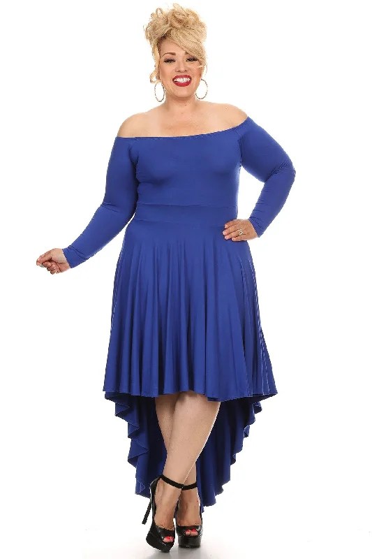 women's cinched-waist dressesHi Curvy Plus Size Women Off Shoulder Hi-Lo Tie Solid Midi Dress