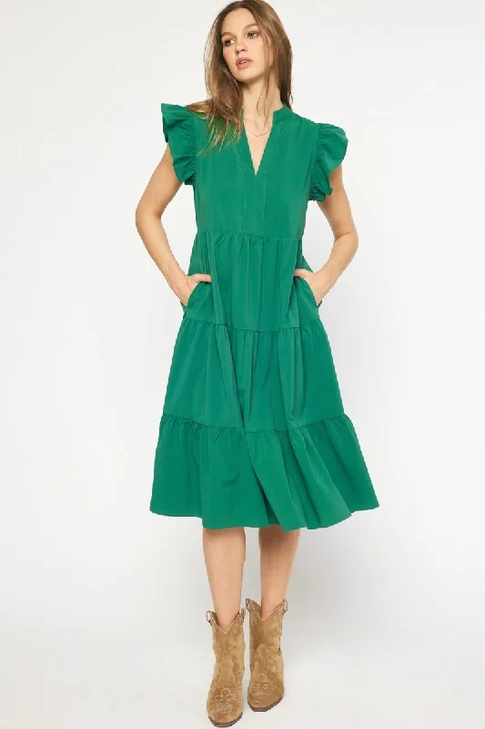 women's business casual dressesRuffled Pocket Tiered Midi Dress, Green