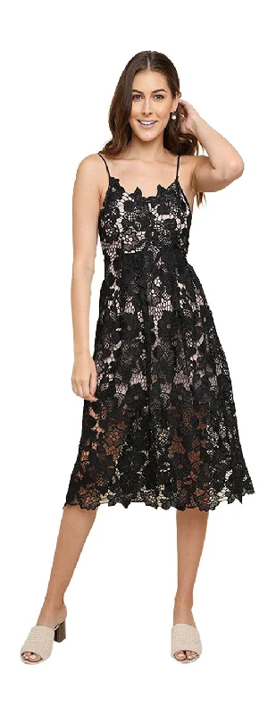 Plunging Neckline DressFloral Lace Applique Midi Dress, Black