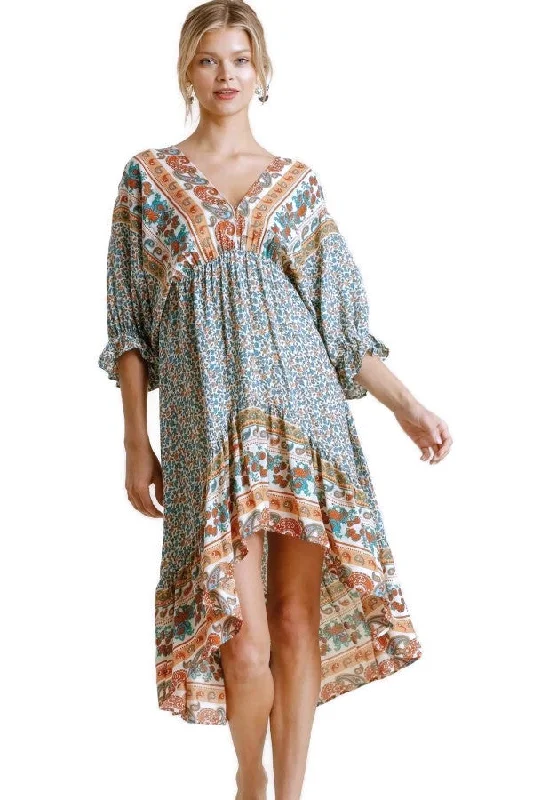 Flutter-Sleeve DressMixed Print Bohemian Midi Dress, Cream