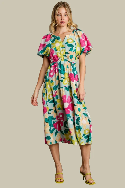 women's A-line dressesFloral Balloon Sleeve Midi Dress, Mint