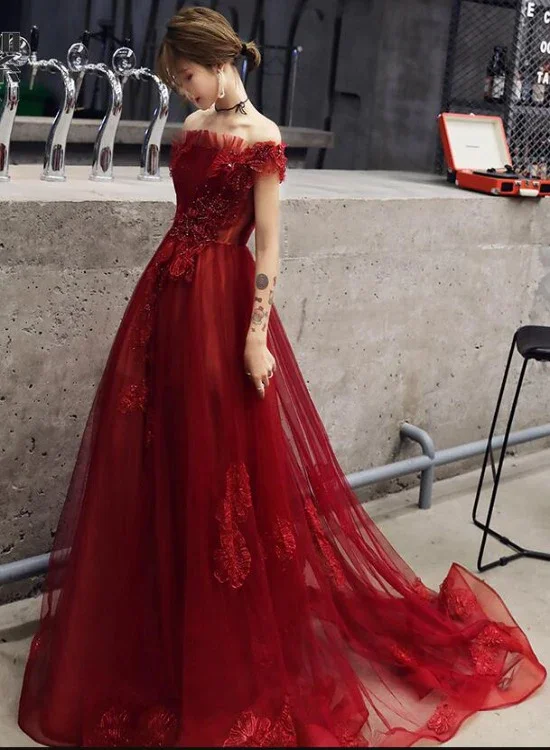 Party DressWine Red Tulle With Beadings And Lace Off Shoulder Evening Gown, Wine Red Prom Dress   gh202