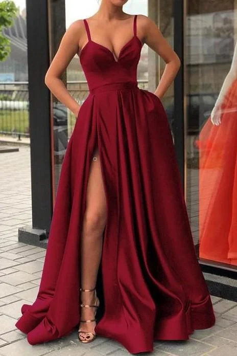 Ball Gown DressA Line Evening Dress with High Slit Satin Royal Blue Spaghetti Straps Sweetheart Long Evening Gowngh1097