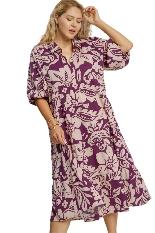 women's formal dressesTwo Tone Floral Print Midi Dress, Plum