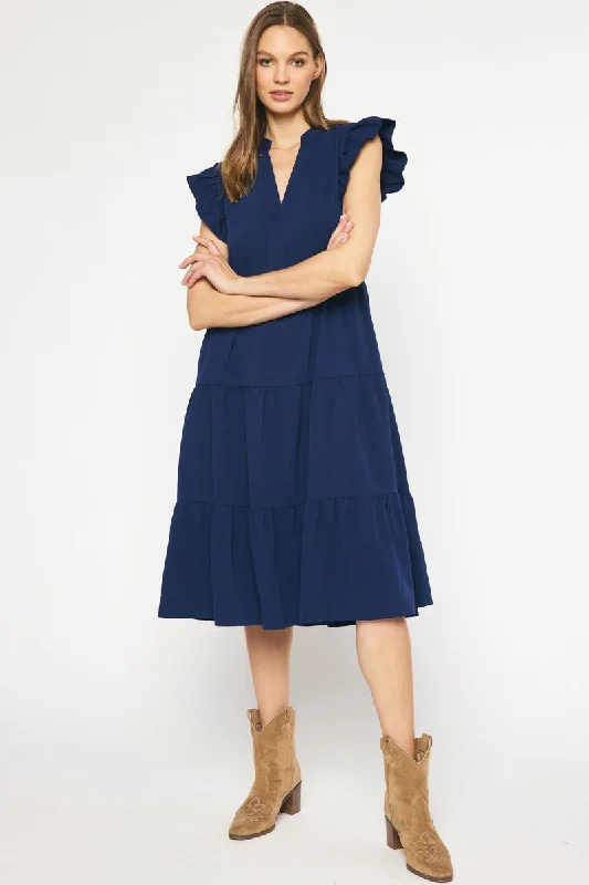 women's hourglass figure dressesRuffled Pocket Tiered Midi Dress, Navy