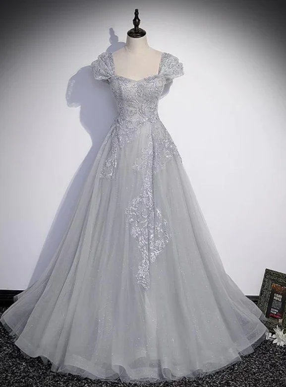 Lace DressGrey Sweetheart Lace And Tulle A-Line Evening Dress, Light Grey Prom Dress gh54