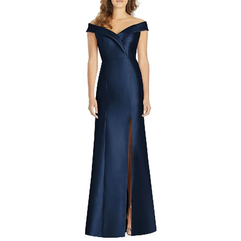 women's silk dressesAlfred Sung Womens Satin Off-The-Shoulder Evening Dress