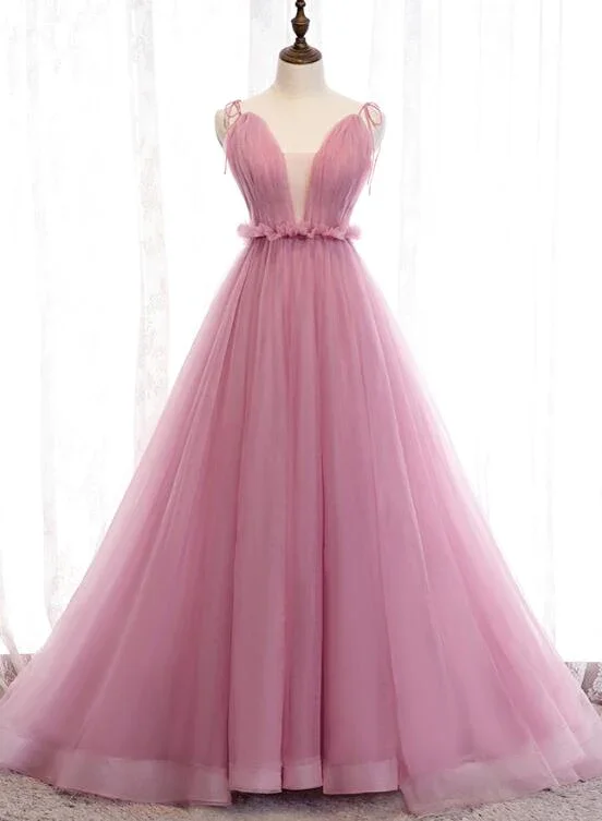 Bridesmaid DressCharming Pink V-Neckline Straps Tulle Long Evening Dress, Pink Prom Dress gh182