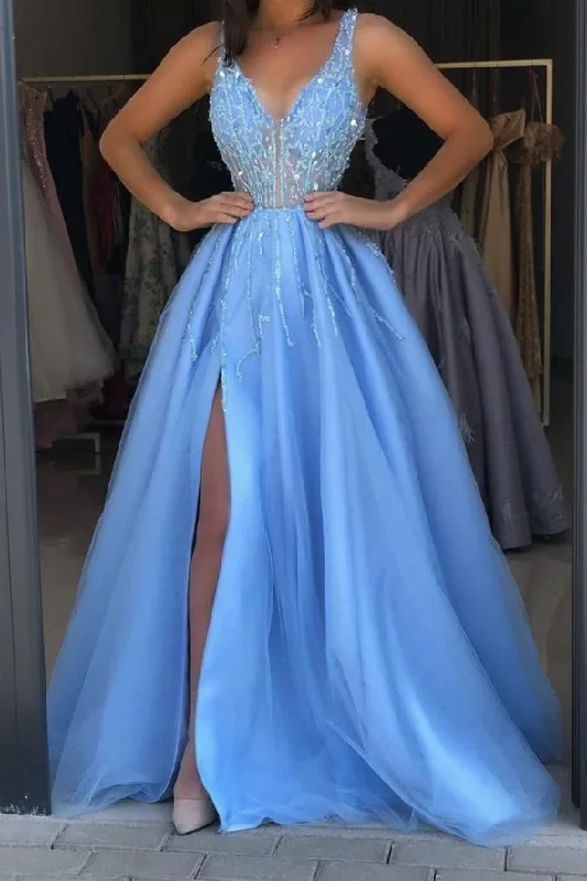 Party DressSky Blue Prom Dress with Slit, Evening Dress, Formal Dresses gh1099