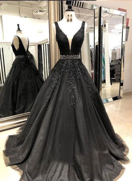 Zip-Up DressSexy Black V Neck Tulle Lace Beaded Long Prom Dress, Black Evening Dress Formal Wear  gh928