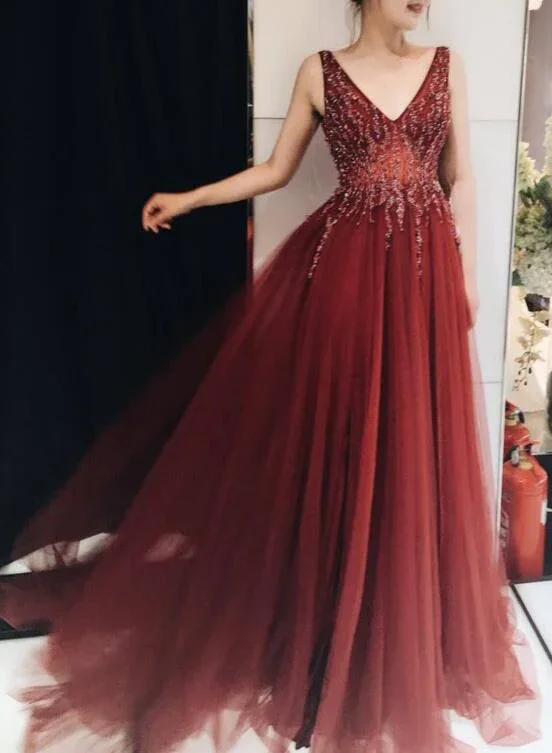 women's boho dressesCharming V-Neckline Tulle Beaded Prom Gown, Evening Dresses gh573