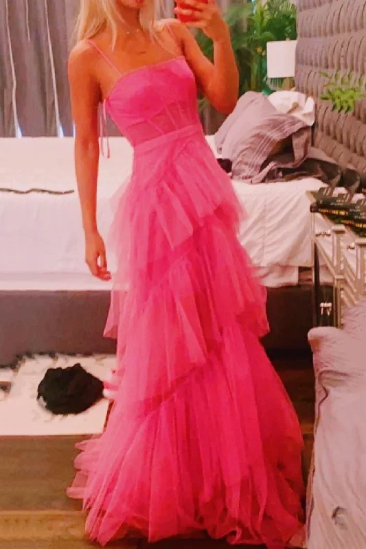 Satin DressPrincess Hot Pink Long Prom Dress Layered Tulle Sleeveless Corset Gown,Evening Dresses gh1970