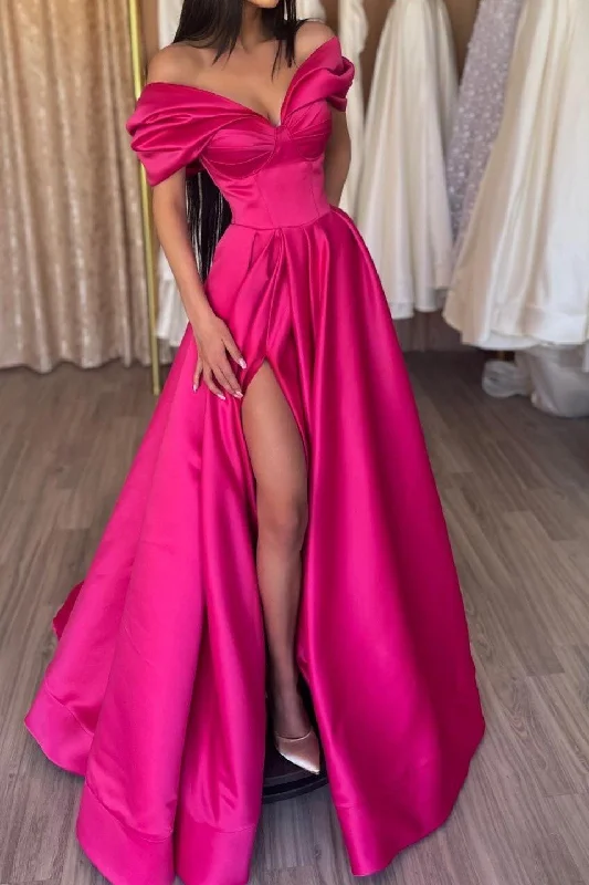 women's party dressesElegant Fuchsia Off-the-Shoulder Evening Dress Long With Slit  gh2005