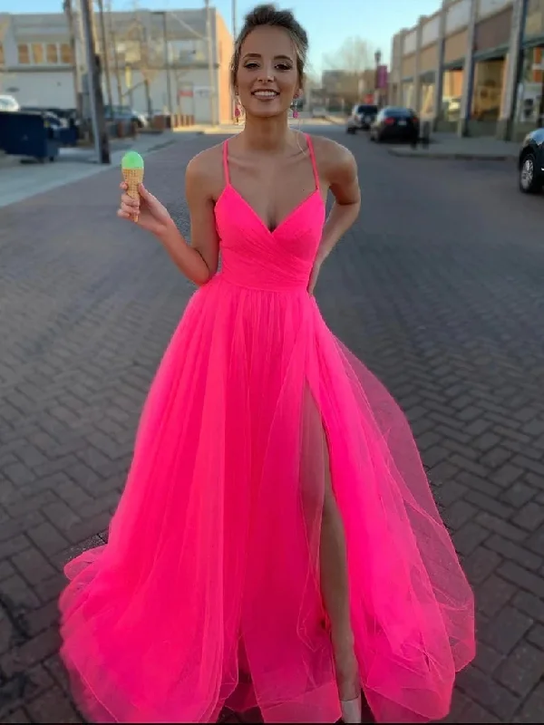 Laced-Up DressA Line V Neck Hot Pink Tulle Prom Dresses, Hot Pink Tulle Formal Evening Graduation Dressesgh1971