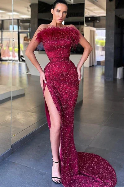 women's beach dressesBurgundy off the shoulder mermaid long evening gown ball gown with slits sequins beads feathers gh186