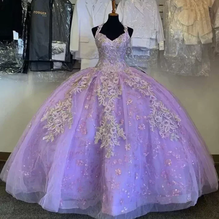 Solid Color DressHalter Quinceanera Dresses Lace Applique Sweet 16 Evening Ball Gown Vestido de Fiesta Prom dresses gh983