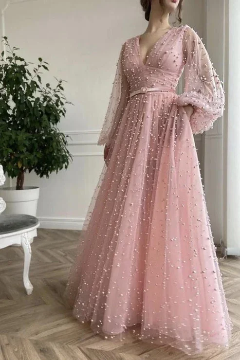 women's unique dressesPink tulle long A line prom dress pink evening dress  gh1843