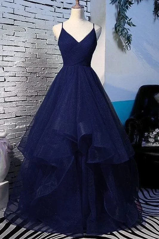 Statement DressFluffy V Neck Navy Blue Long Prom Dress with Straps, V Neck Navy Blue Formal Dress, Navy Blue Evening Dress  gh866