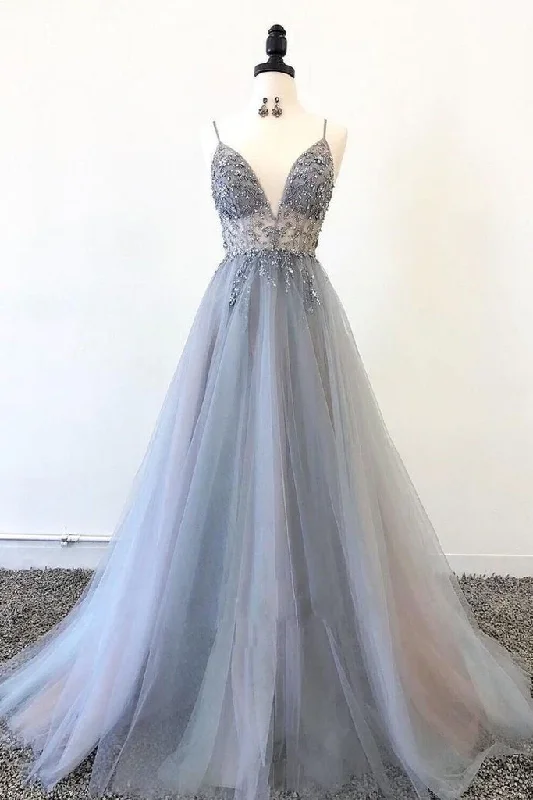 Velvet DressGrey spaghetti strap beaded tulle A-line long ball gown evening dress gh1037