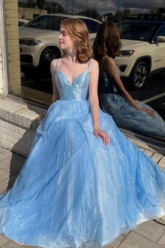 Tiered DressSky Blue A-line Princess Spaghetti Straps Long Formal Evening Dresses Prom Dresses  gh1181