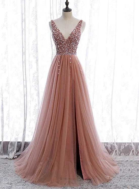 Ball Gown DressPink Long Sparkle Beaded Tulle Slit Prom Dress,Pink V-Neckline Evening Gown gh161