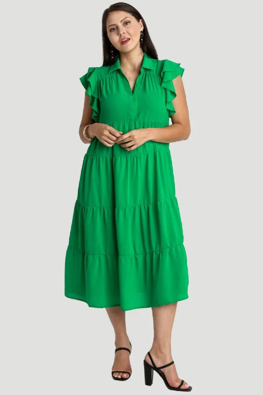 women's silk dressesTiered Ruffle Sleeve Midi Dress, Green