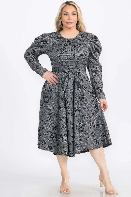 women's solid color dressesPlus Size Jacquard Smocked Cuff Raglan Sleeves Flare Midi Plated Dress With Belt