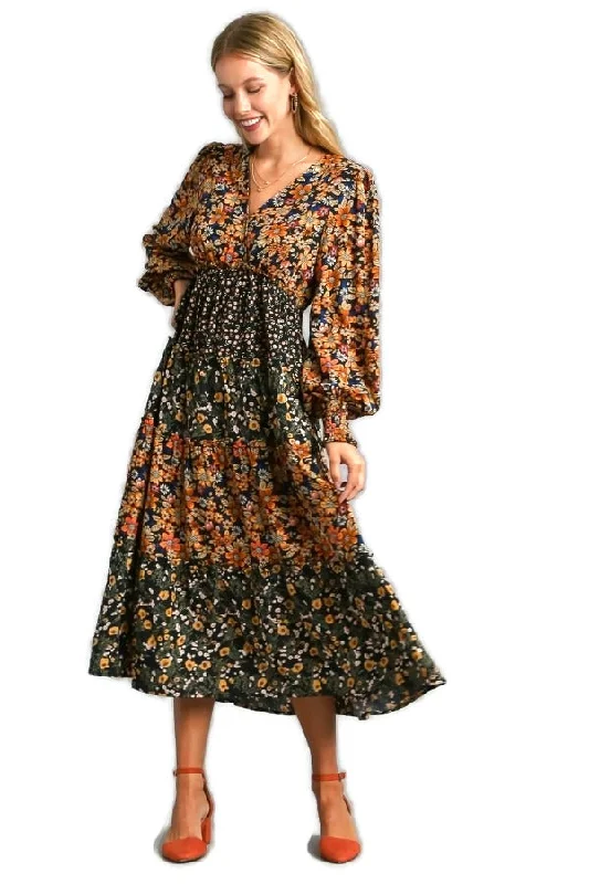 women's designer dressesMixed Floral Print Midi Dress