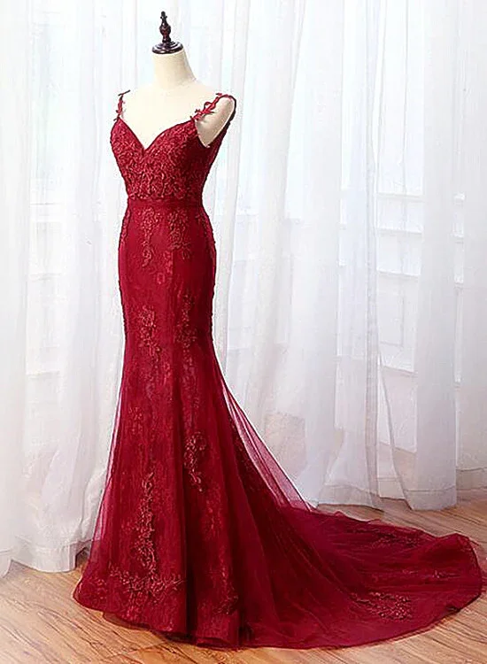 women's high-end dressesCharming Mermaid Lace Burgundy Prom Dress, Tulle Long Evening Dress gh431