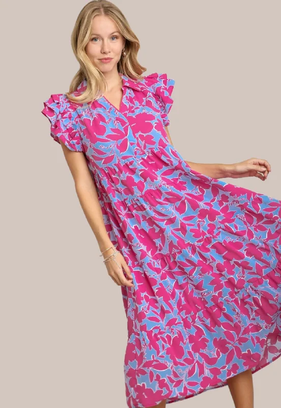 women's neon dressesTwo Tone Floral Midi Dress, Orchid