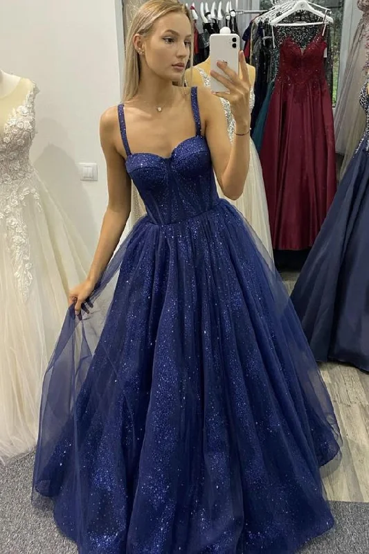 women's off-the-shoulder dressesBlue tulle seequins long prom dress A line evening gh1131