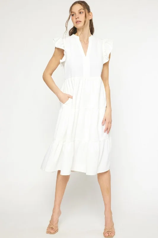 women's club dressesRuffled Pocket Tiered Midi Dress, Off White