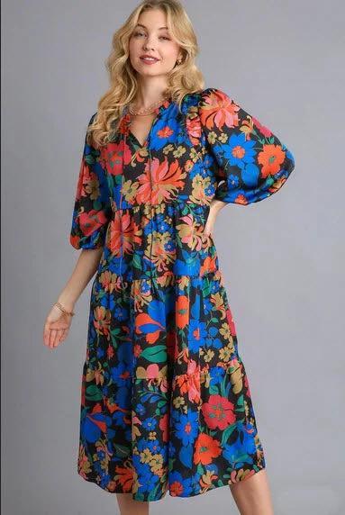 women's boho dressesFloral Babydoll Midi Dress