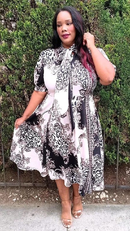 women's pear-shaped body dressesHi Curvy Plus Size Multi Print Bow Collar Fit & Flare Midi Dress