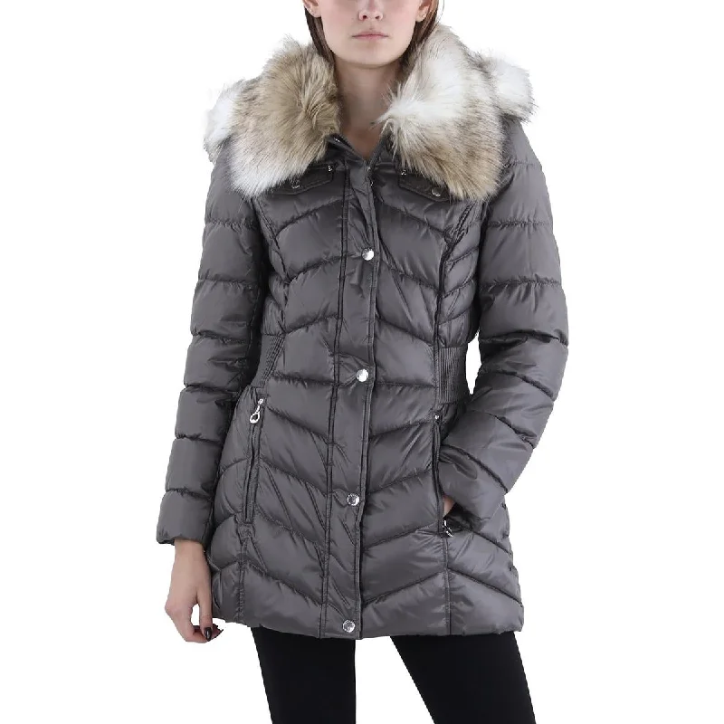 women's coats for those who value both style and comfortPetites Womens Faux Fur Trim Hooded Puffer Jacket