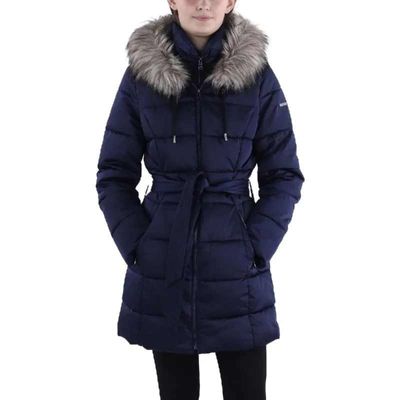 women's coats with cropped lengthsWomens Faux Fur Trim Hooded Puffer Jacket