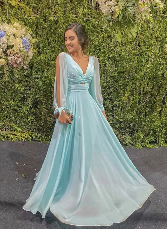 women's formal dressesBlue v neck chiffon long prom dress evening dress gh832