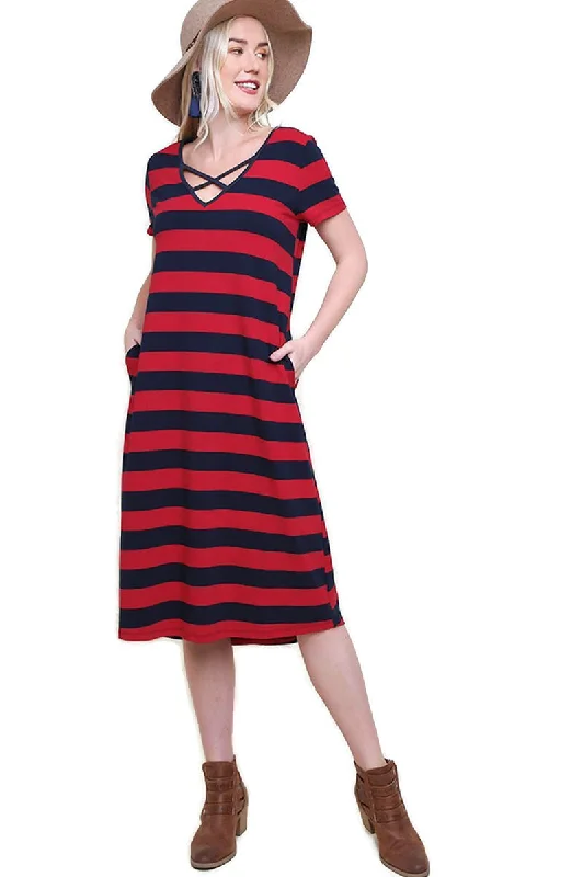 Zip-Up DressStriped T-Shirt Midi Dress, Navy / Red