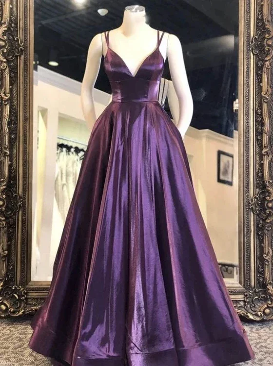 Custom DressV Neck Purple Satin Long Prom Dresses, Purple Formal Graduation Evening Dresses gh1167