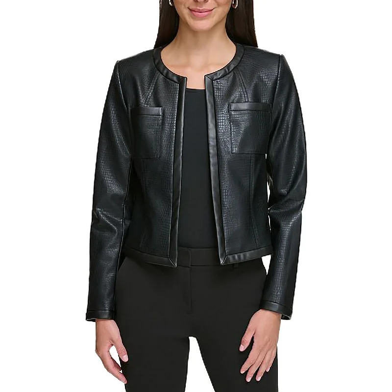 women's coats for casual FridaysWomens Faux Leather Embossed Leather Jacket