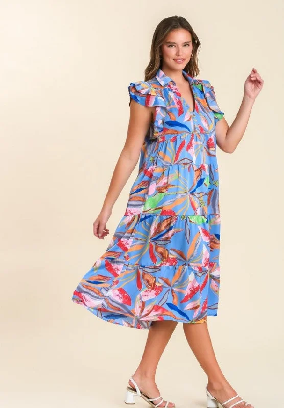 women's lightweight dressesLeaf Print Tiered Midi Dress