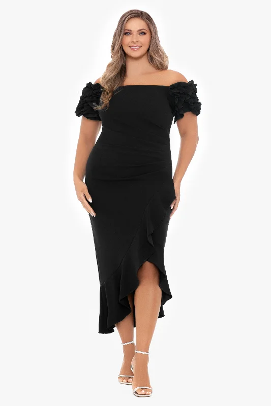 Chic DressPlus "Loretta" Scuba Crepe Off the Shoulder Ruffle Sleeve Midi Dress