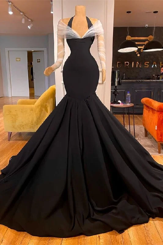 Jersey DressChic Black Halter Mermaid Evening Dress With Sheer Long Sleeves gh1796