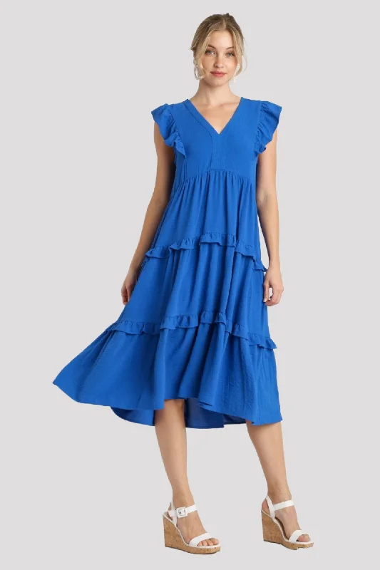 women's solid color dressesRuffle Tiered Midi Dress, Royal