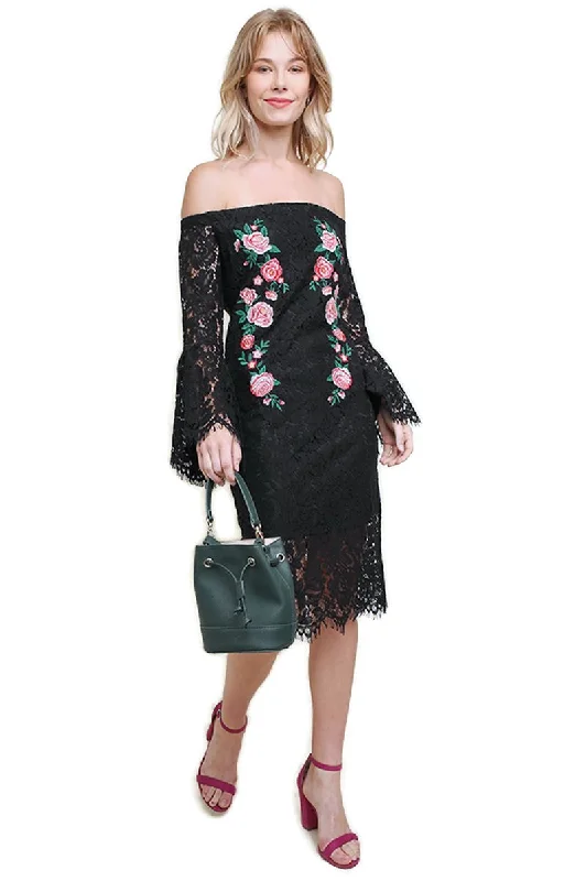 High-Neck DressFloral Lace Bell Sleeve Midi Dress