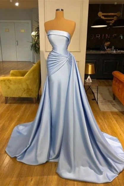 women's ethical fashion dressesElegant Strapless Baby Blue Mermaid Evening Dress Long With Ruffle  gh1116