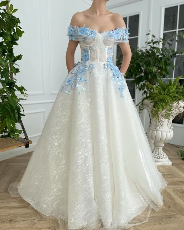 Ball Gown DressElegant A Line Off The Shoulder Long Prom Dresses With Blue 3D Flower, Floor Length Evening Dresses gh1817