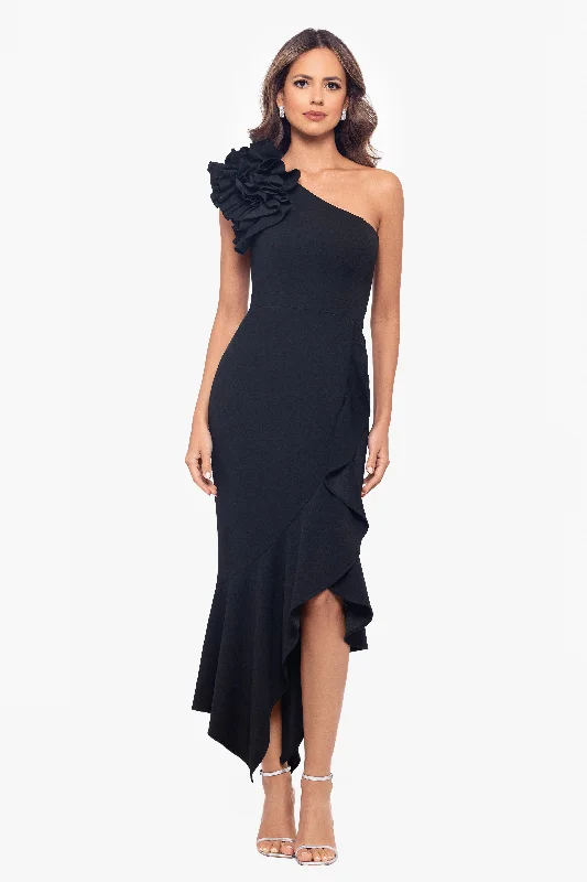 Glamour Dress"May" Midi Scuba Crepe Asymmetrical Ruffle Dress