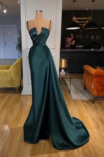 Party DressGORGEOUS SPAGHETTI-STRAPS CRYSTAL MERMAID EVENING DRESS WITH DETACHABLE TRAIN gh1987