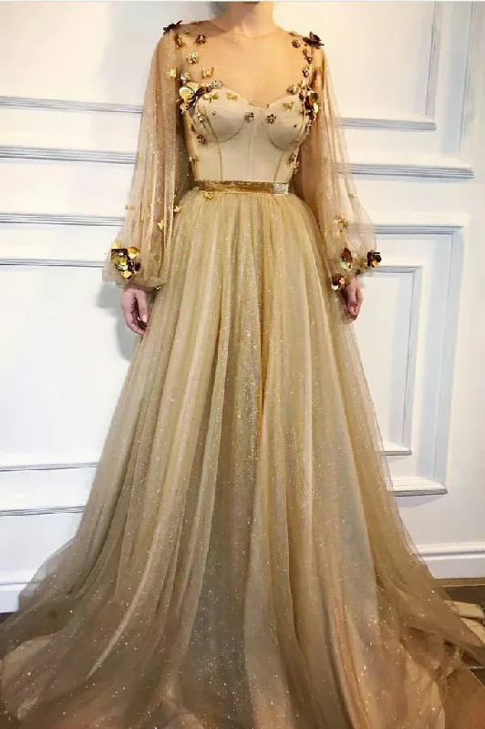 women's bespoke dressesChic A-line Scoop Floor Length Long Sleeves Applique Long Tulle Prom Dresses Evening Dresses  gh1836